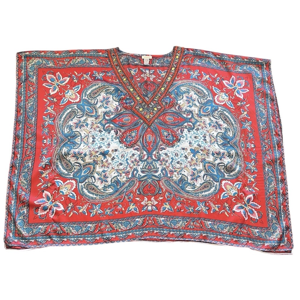Chico's Beaded V- Neck Tunic Orange & Blue Turquoise Paisley Print Flowy S/M